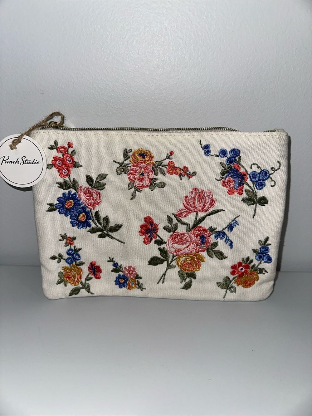 Punch Studio Ivory Muti Delicate Embroidered Floral Canvas Gold Tone Zip Pouch